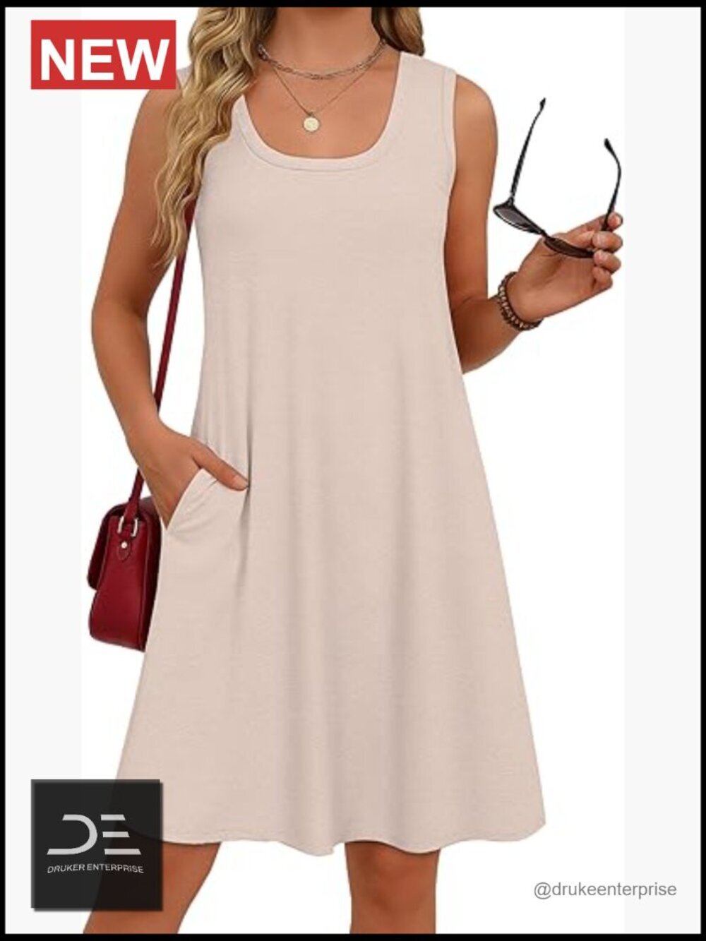 Casual Loose Summer Tank Dress with Pockets Sleeveless U Neck
